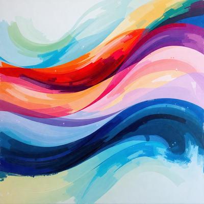 The primary subject of the image is a painting of a colorful wave. The setting is a white background, and the visual style is a digital art or illustration. The dominant colors in the painting are blue, orange, and purple, creating a vibrant and lively atmosphere.